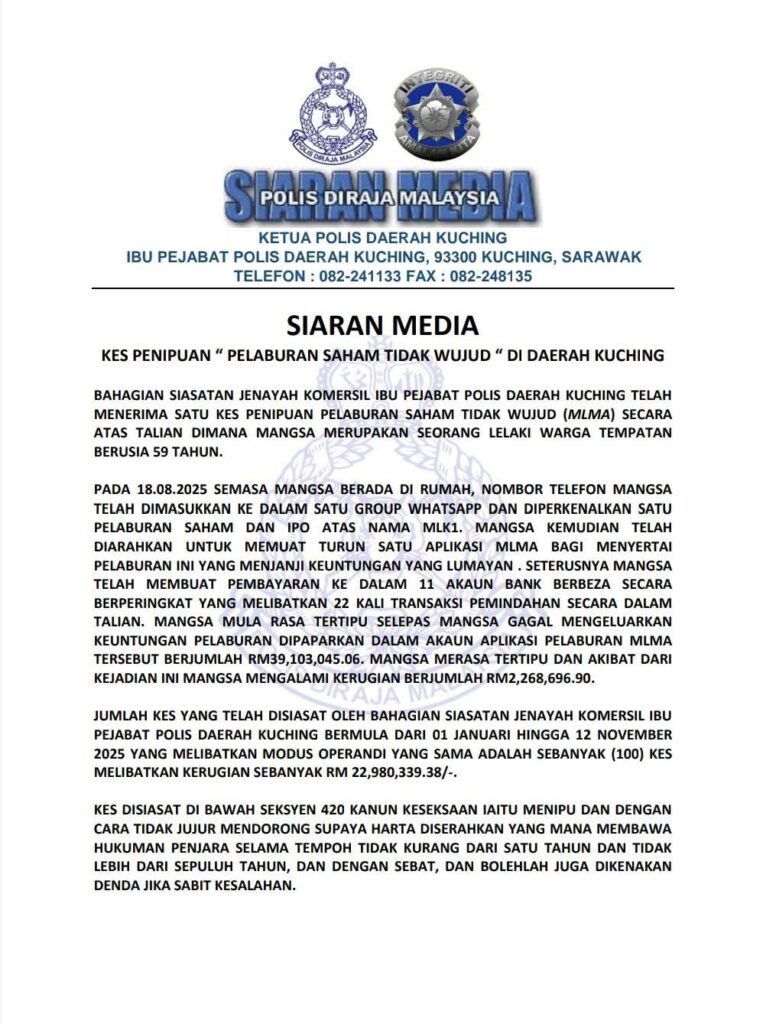 Lelaki 59 Tahun Rugi RM2.2 Juta – Kena Tipu Pelaburan Saham Atas Talian Di Kuching